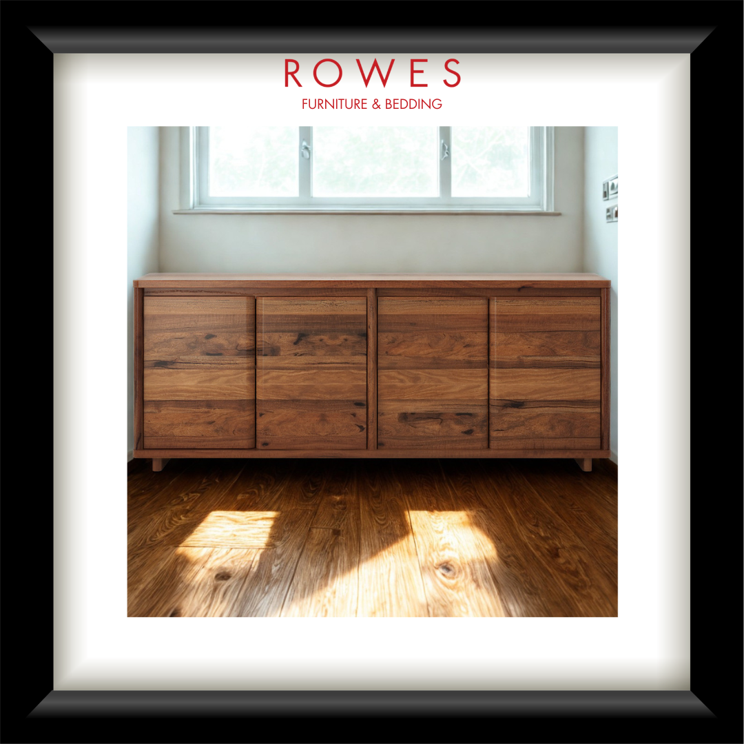 Wooden dresser in a room with a window, featuring the 'Rowes Furniture & Bedding' brand.