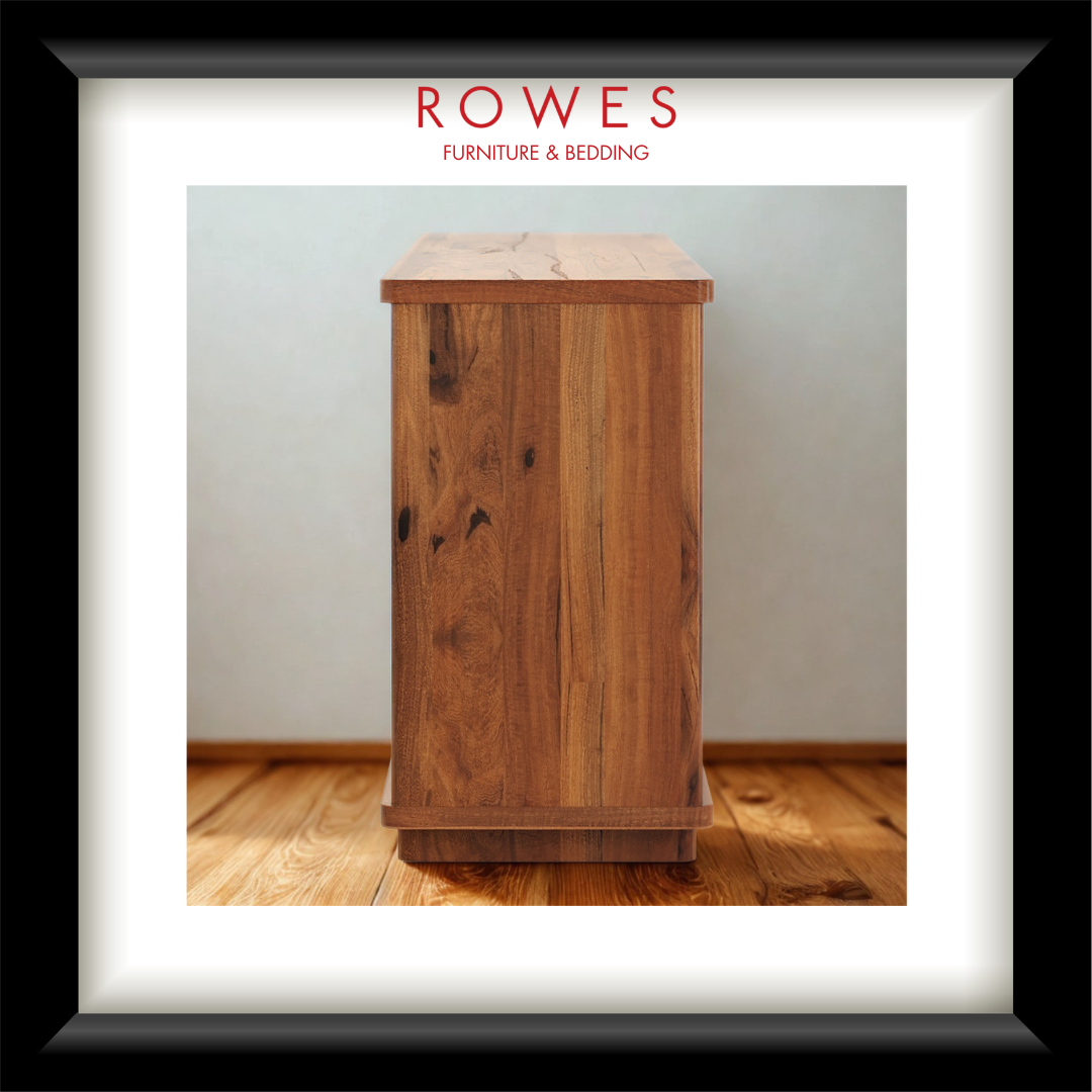 Wooden cabinet on a wooden floor with 'Rowes Furniture & Bedding' branding.