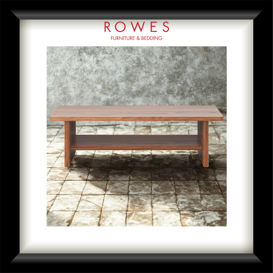 Wooden bench on a stone patio with 'Rowes Furniture & Bedding' branding.
