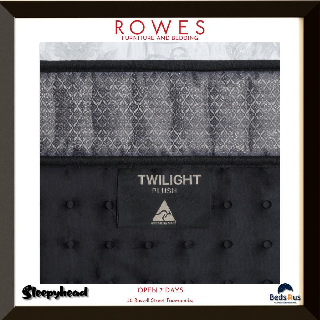 Mattress with 'Twilight Plush' label and branding on a white background