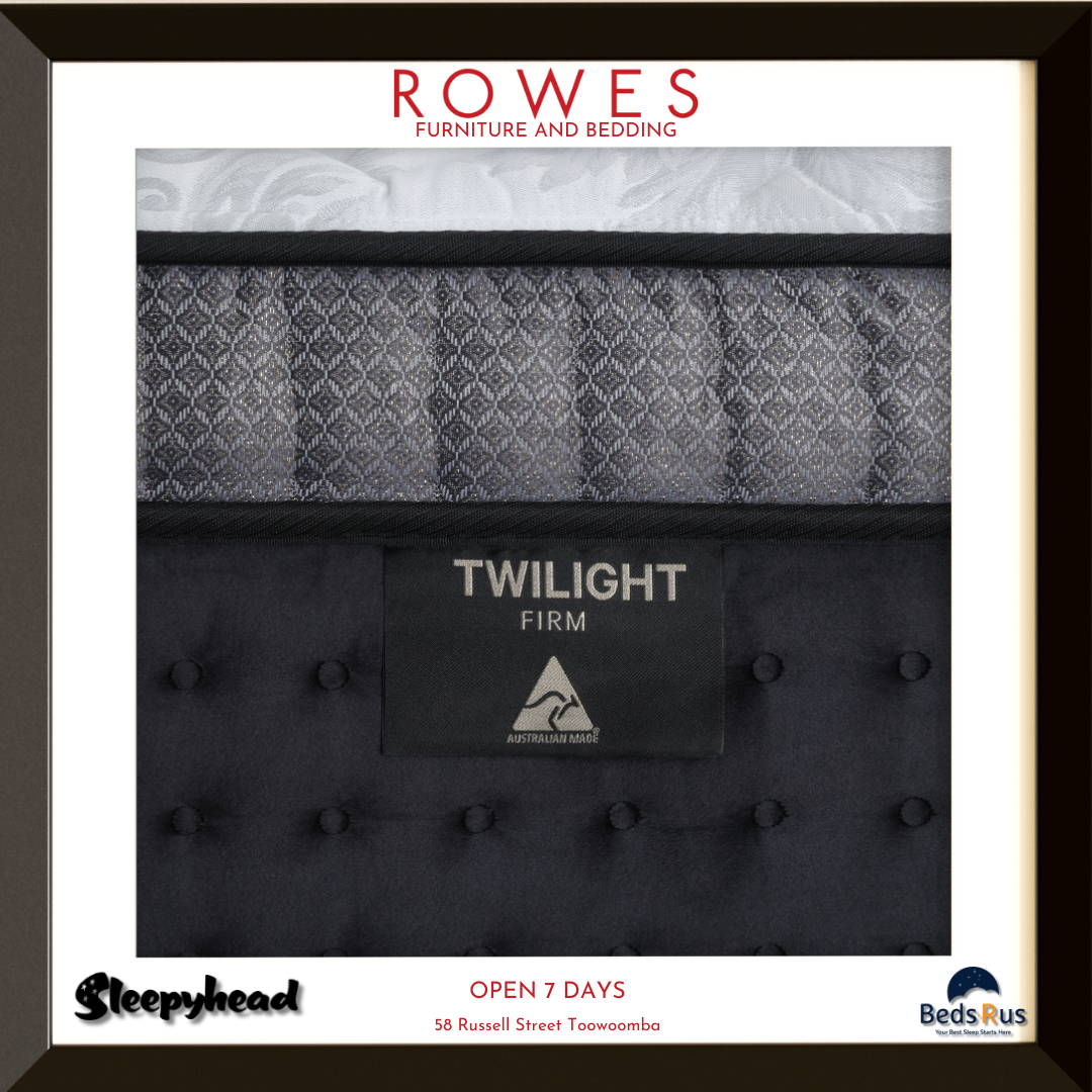 Black mattress with 'Twilight Firm' label and 'Rowes Furniture and Bedding' branding.