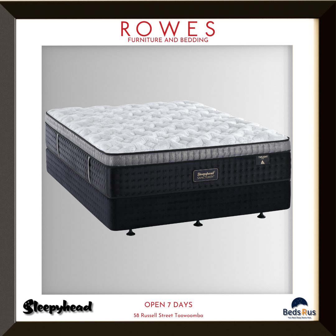 Mattress with 'Rowes Furniture and Bedding' branding on a gray background