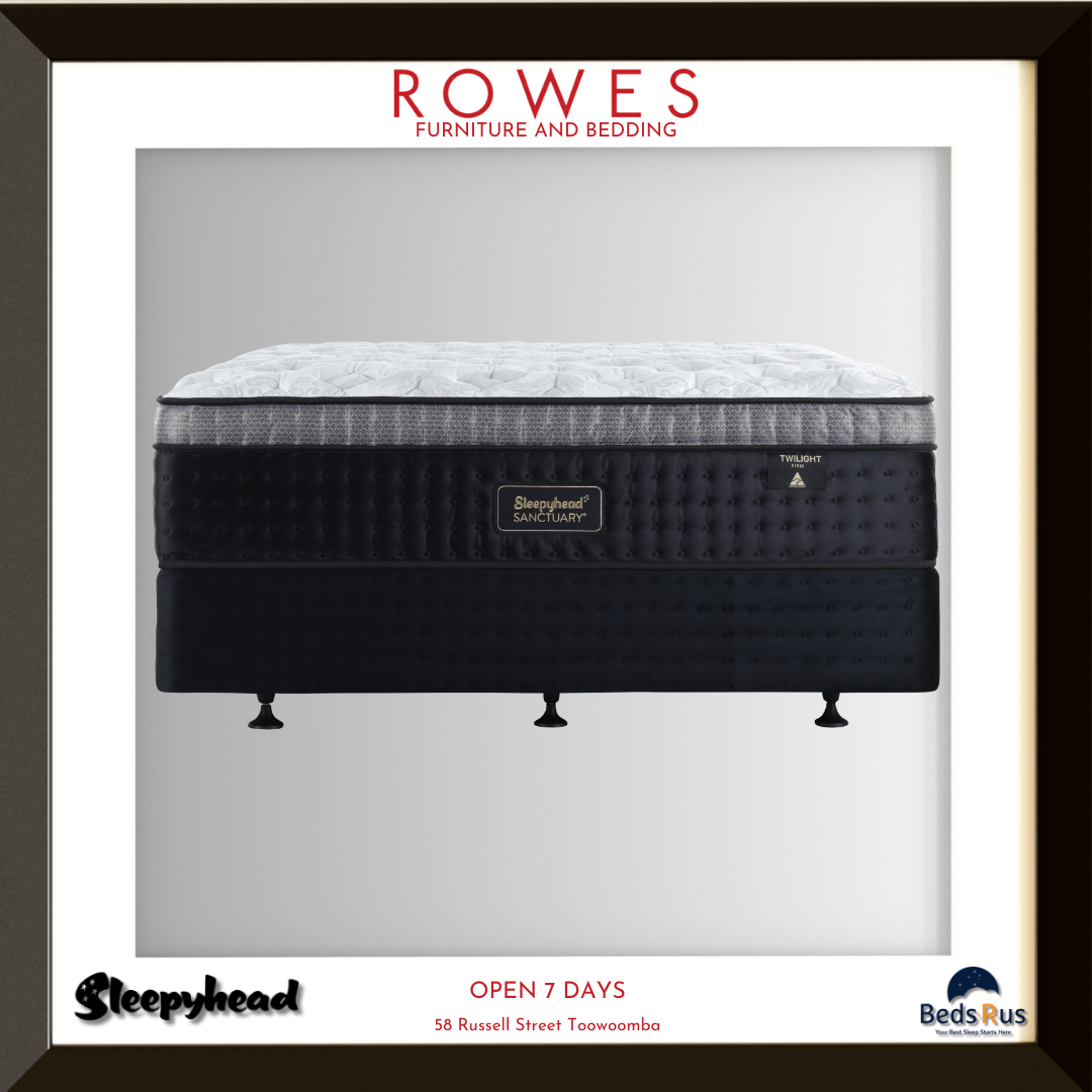 Mattress with 'Sleepyhead' branding on a gray background, featuring 'Rowes Furniture and Bedding' logo.