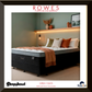 Bed with pillows and a blanket in a bedroom setting, featuring Rowes Furniture and Bedding branding.