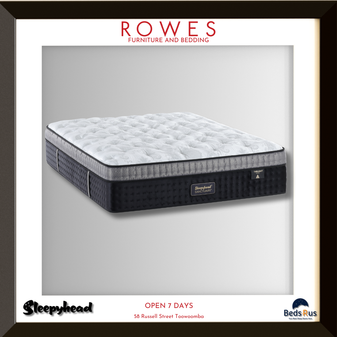 Mattress with 'Rowes Furniture and Bedding' branding on a gray background