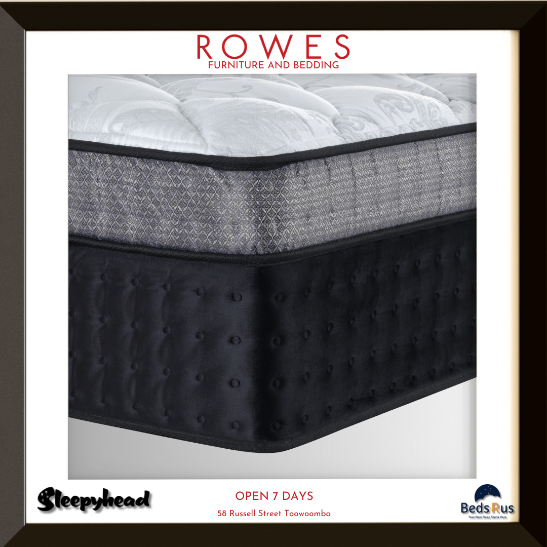 Gray mattress with black cover on a white background, featuring Rowes Furniture and Bedding branding.