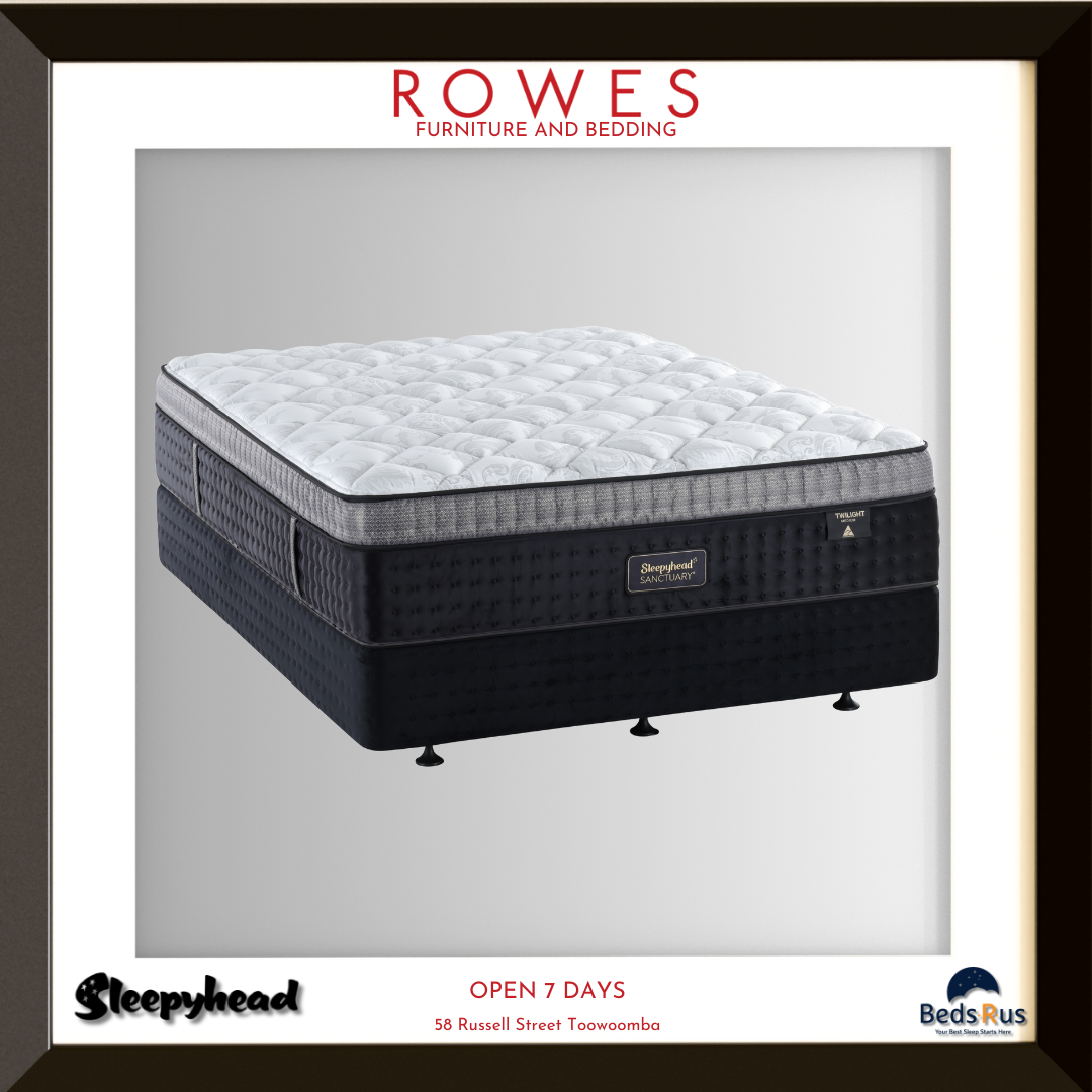 Mattress with 'Rowes Furniture and Bedding' branding on a gray background
