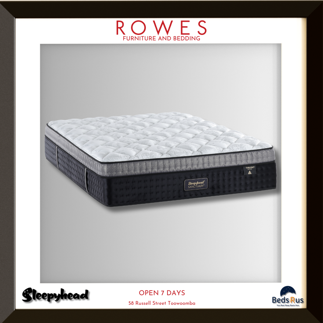 Mattress with 'Rowes Furniture and Bedding' branding on a gray background