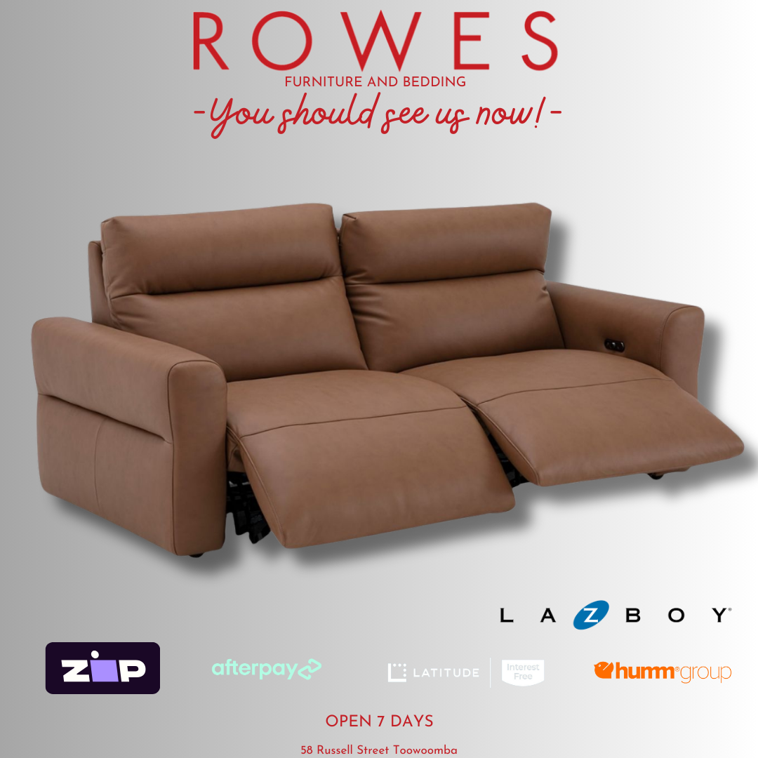 Brown sofa with promotional text and logos on a gray background