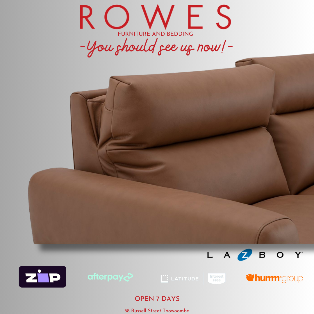 Brown sofa with 'Rowes Furniture and Bedding' text and logos at the bottom.