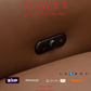 Control knob against a brown leather sofa with payment options and the Rowes logo