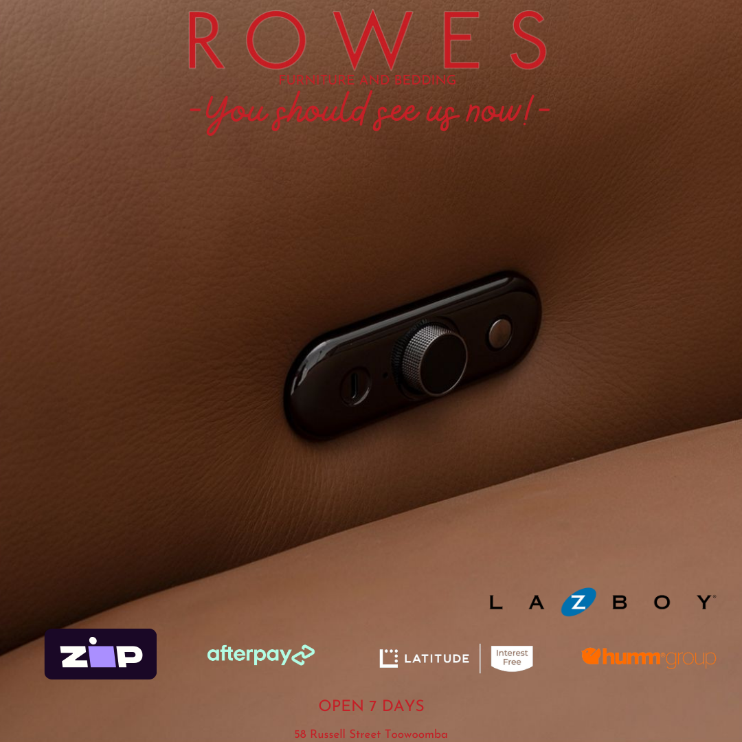 Control knob against a brown leather sofa with payment options and the Rowes logo