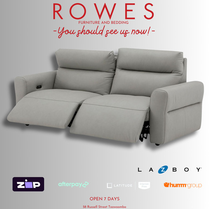 Grey sofa against a grey background with payment options and the Rowes logo