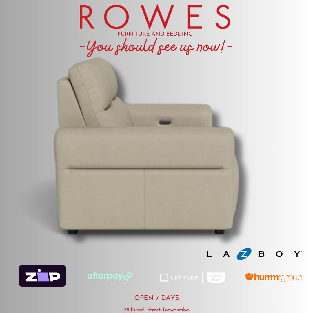 Beige sofa side on, set on a grey background with payment options and the Rowes logo.