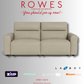 Beige sofa set against a grey background with payment options and the Rowes logo