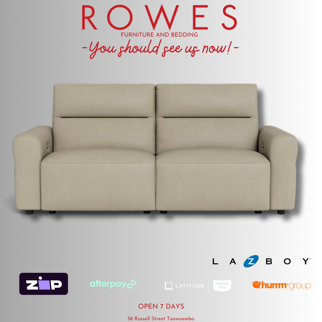 Beige sofa set against a grey background with payment options and the Rowes logo
