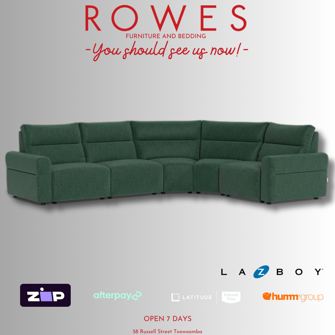 Green fabric modular sofa against a grey back ground featuring logos