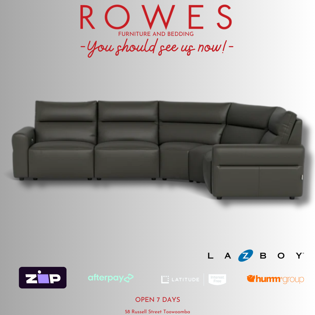 Grey Leather modular couch with payment logos as well as the Rowes branded logo