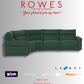 Green sectional sofa with 'Rowes Furniture and Bedding' text and branding on a gray background.