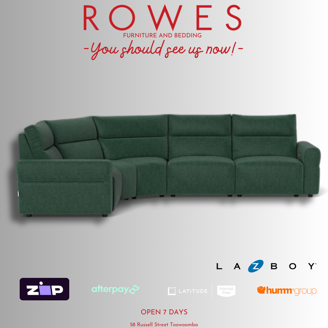 Green sectional sofa with 'Rowes Furniture and Bedding' text and branding on a gray background.