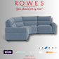 Blue modular sofa against a grey background with payment options and Rowes logo