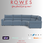 Blue sectional sofa with 'Rowes Furniture and Bedding' text and logos on a gray background