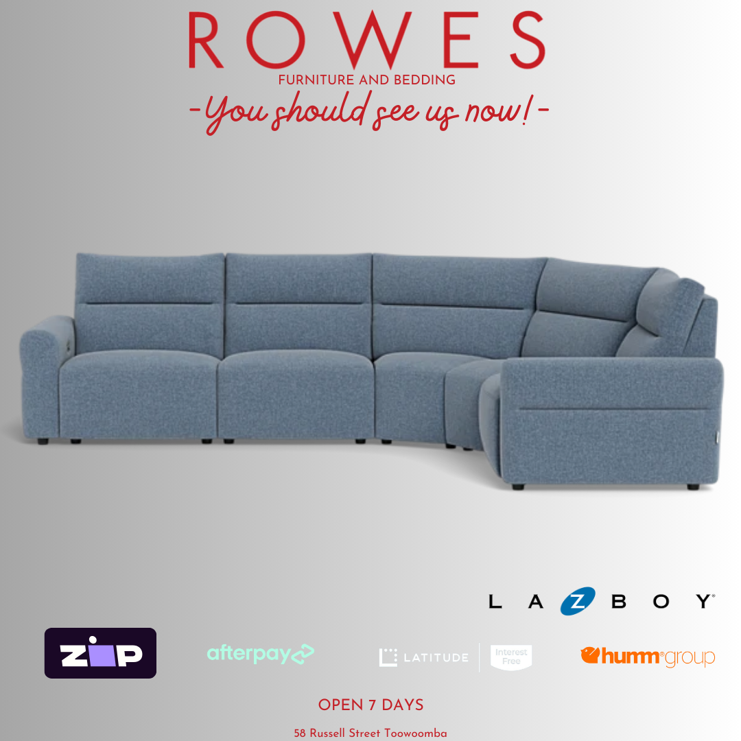 Blue sectional sofa with 'Rowes Furniture and Bedding' text and logos on a gray background