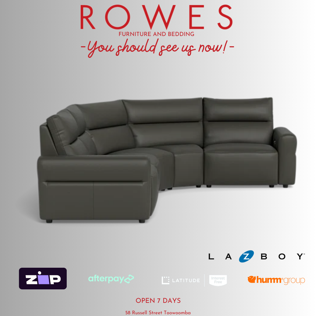 Charcoal modular sofa against a grey background with payment options and Rowes logo