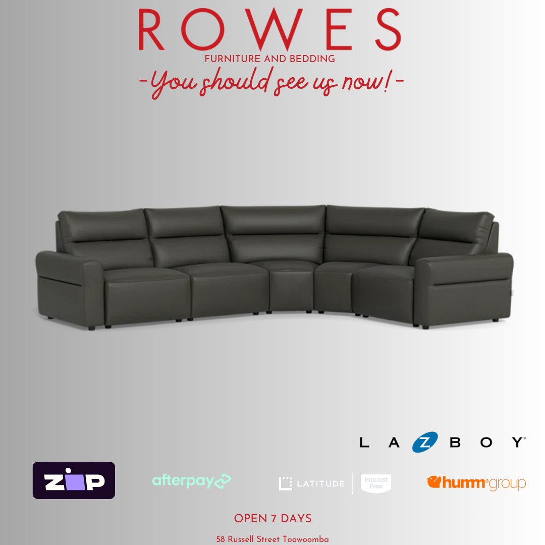 Charcoal modular sofa against a grey background with payment options and Rowes logo