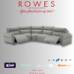 Grey sectional sofa with promotional text and logos on a light gray background