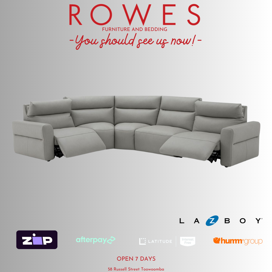 Grey sectional sofa with promotional text and logos on a light gray background