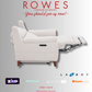 White recliner chair on a gray background with 'Rowes' branding and furniture company logos.