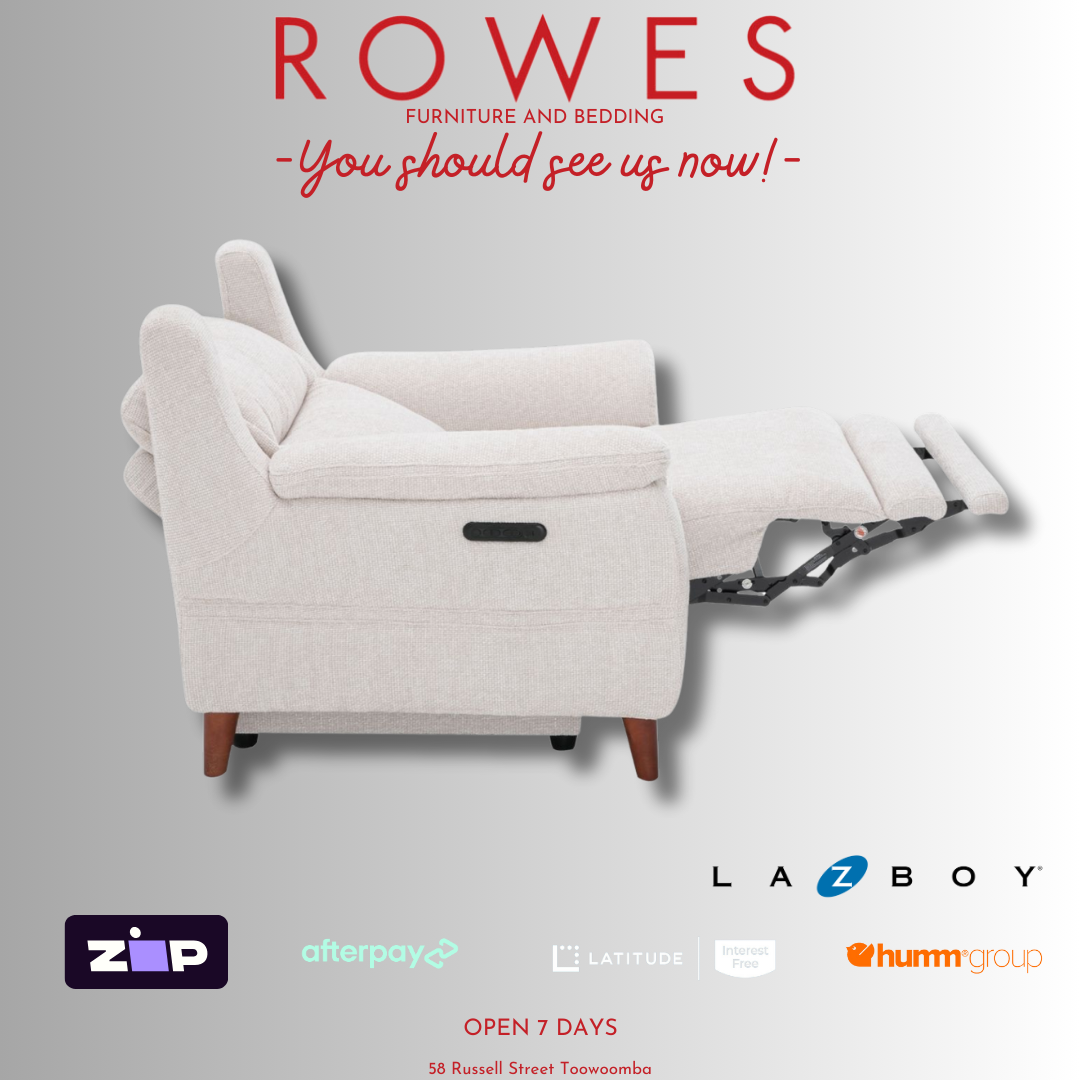 White recliner chair on a gray background with 'Rowes' branding and furniture company logos.