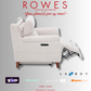 White recliner chair with 'Rowes Furniture and Bedding' text and logos on a gray background