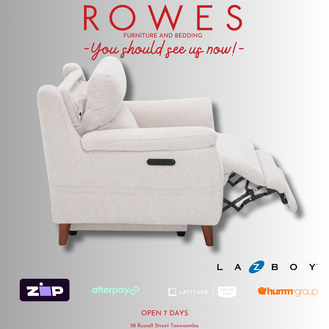 White recliner chair with 'Rowes Furniture and Bedding' text and logos on a gray background