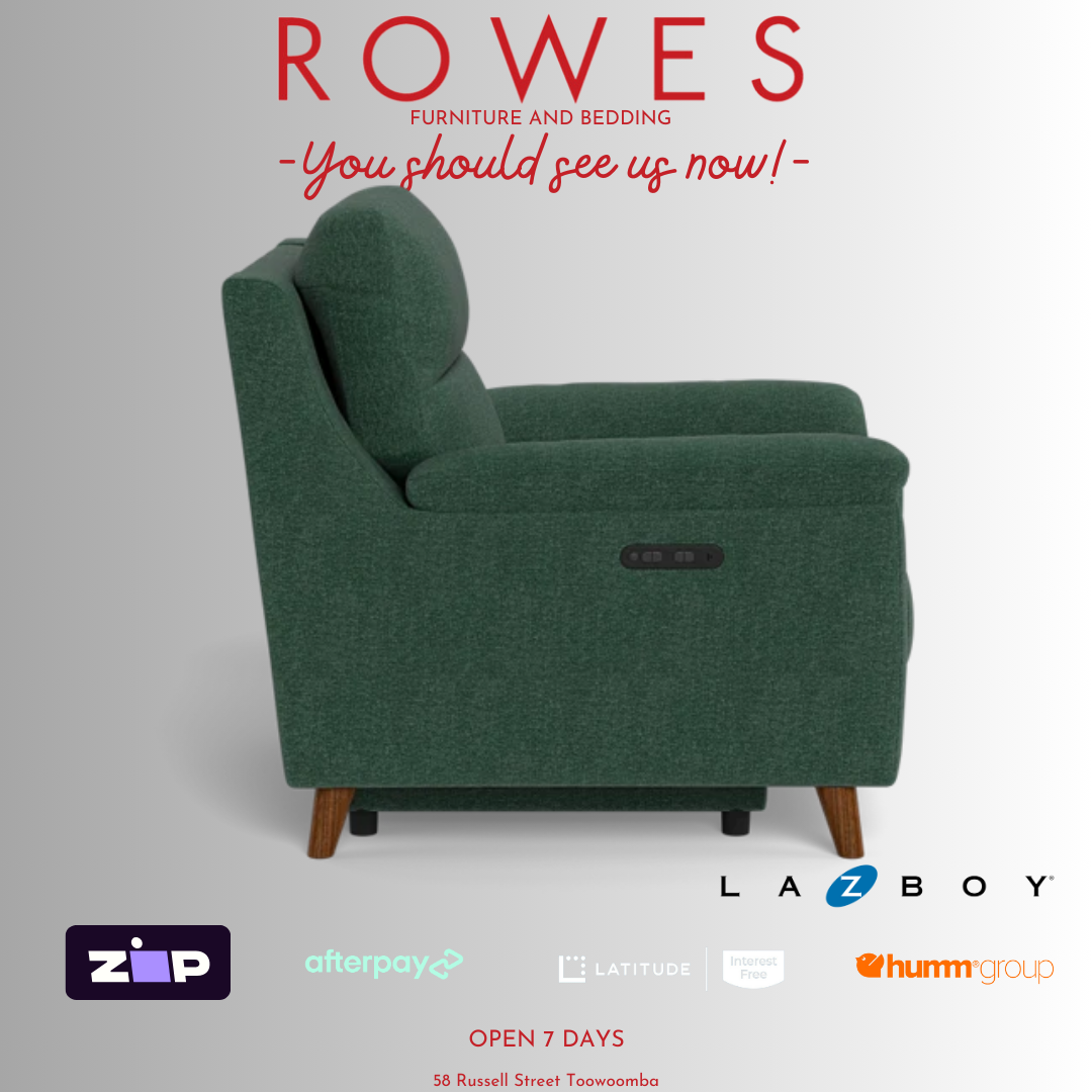 Green armchair on a gray background with 'Rowes' branding and furniture company logos.