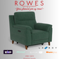 Green armchair on a gray background with 'Rowes Furniture and Bedding' text and logos.