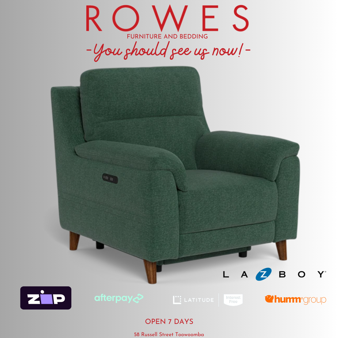 Green armchair on a gray background with 'Rowes Furniture and Bedding' text and logos.
