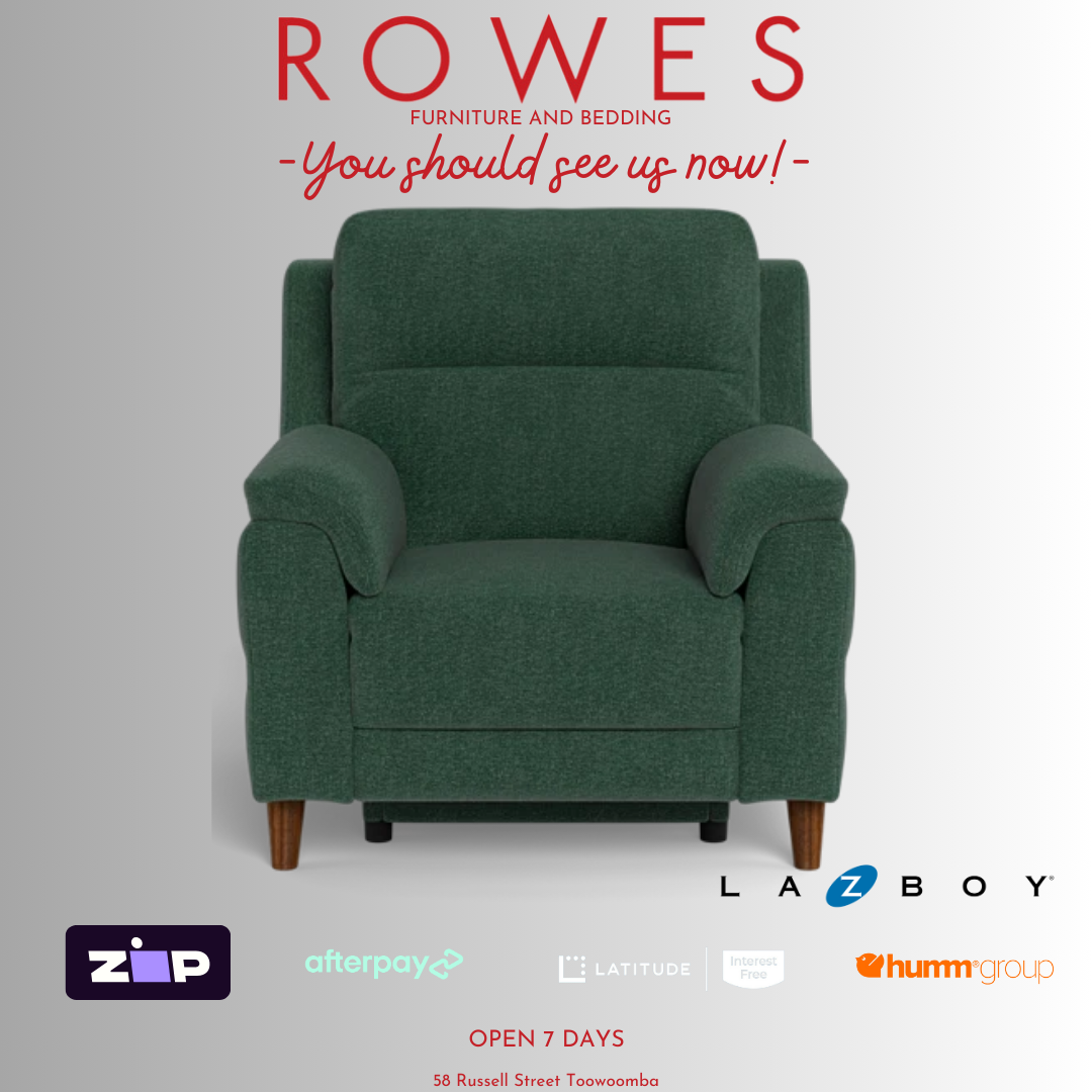 Green armchair on a gray background with 'Rowes Furniture and Bedding' text and logos.