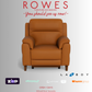Brown armchair on a gray background with 'Rowes Furniture and Bedding' text and logos.