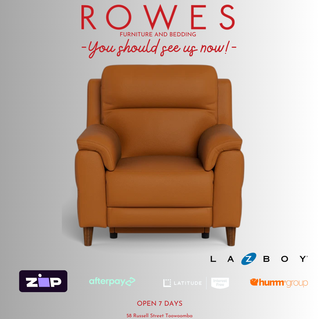 Brown armchair on a gray background with 'Rowes Furniture and Bedding' text and logos.