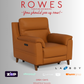 Brown leather armchair on a gray background with 'Rowes' branding and furniture company logos.