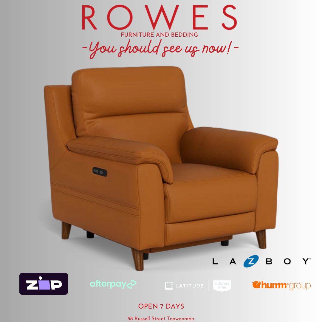Brown leather armchair on a gray background with 'Rowes' branding and furniture company logos.