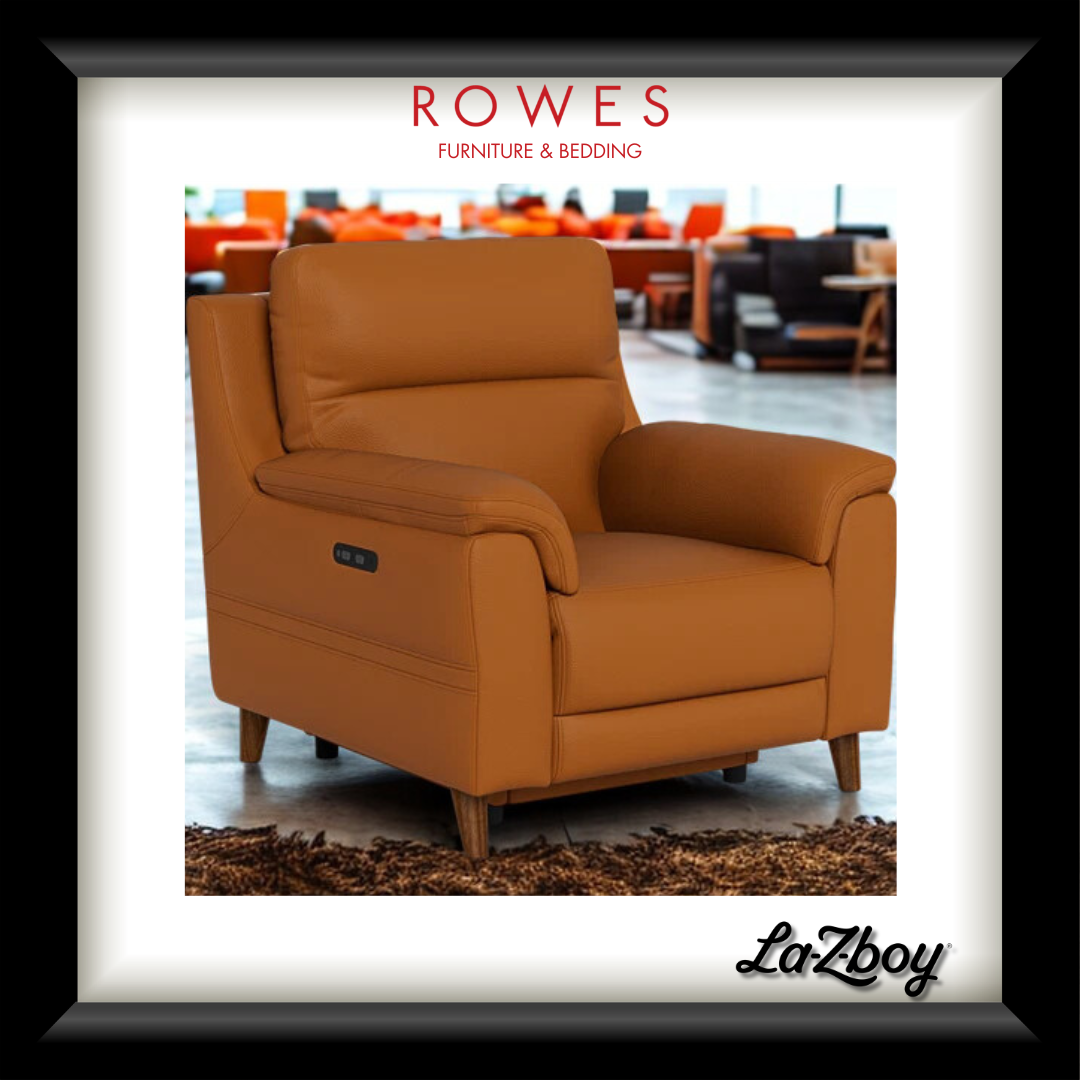 Brown armchair in a room with 'Rowes Furniture & Bedding' and 'La-Z-Boy' branding.