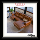 Brown leather sectional sofa in a living room setting with 'Rowes Furniture & Bedding' and 'La-Z-Boy' branding.