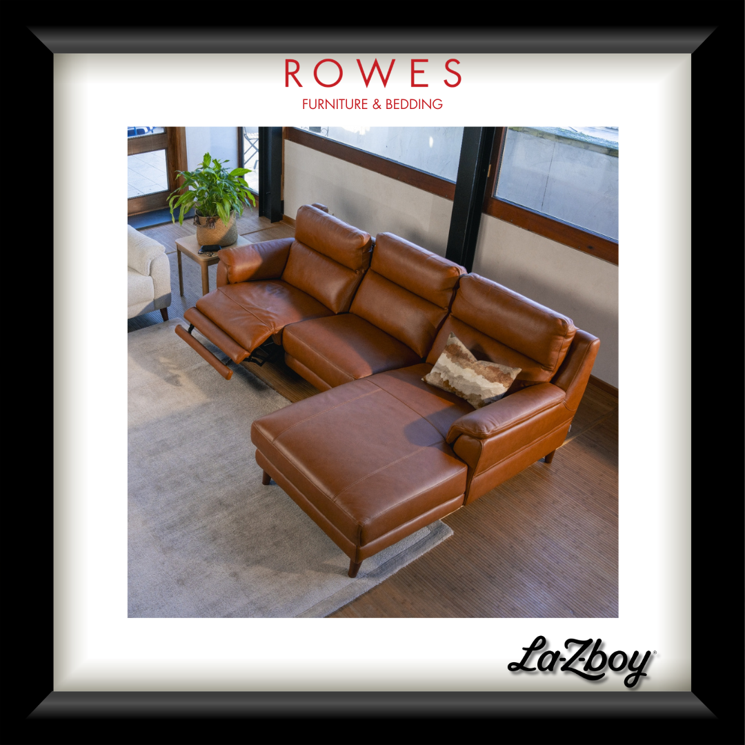 Brown leather sectional sofa in a living room setting with 'Rowes Furniture & Bedding' and 'La-Z-Boy' branding.