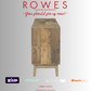 Wooden cabinet with 'Rowes Furniture and Bedding' text and logos on a gray background