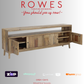 Wooden TV stand with open doors on a gray background, featuring the brand 'Rowes'.