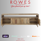 Wooden furniture piece with 'Rowes' branding and promotional text on a white background