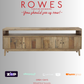 Wooden TV stand with 'Rowes' branding and promotional text on a white background